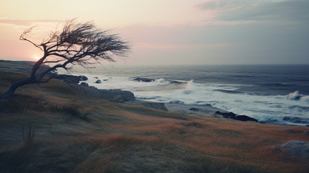 a single tall tree stands on an overgrown, rocky cliff, resembling naturalistic ocean waves. the composition is reminiscent of the works of todd hido and winslow homer, with a color palette of light purple and light orange. captured using the voigtlander heliar 15mm f45 lens by ed freeman, this stunning image has been beautifully rendered in unreal engine. ai generatedの素材