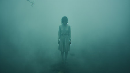 a girl stands in the water, surrounded by fog, creating an ethereal and otherworldly atmosphere. the dark white and light emerald tones add to the horror academia style of the photo. the image captures trapped emotions and exudes a hikecore vibe. ai generatedの素材