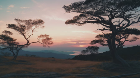 the photo captures a breathtaking sunset scene with trees, grass, and the sun. the composition resembles mountainous vistas and detailed marine views. shot with a hasselblad h6d-400c, the image showcases the beauty of australian tonalism. the uhd quality brings out the soft and romantic ambiance, with hues of dark amber and pink. ai generatedの素材