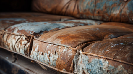 a brown sofa with a gray stain, showcasing an industrial decay aesthetic. the light sky-blue and amber hues add a touch of rusticcore charm. the creased, crinkled, and wrinkled texture of the leatherhide enhances the post-apocalyptic theme. this maximalist piece exudes a unique blend of style and character. ai generatedの素材