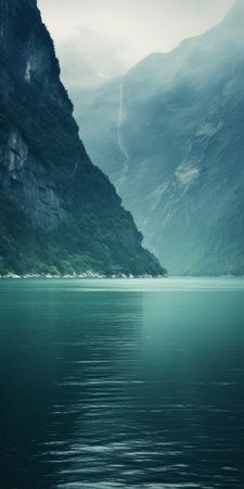 coastline wallpaper featuring a calming and introspective aesthetic. the image showcases a beautiful coastline with clear turquoise water and dark green mountains in the background. the webcam photography captures the stunning juxtaposition of the dark turquoise coastline and the light brown mountainous vistas. this swiss-style wallpaper is perfect for creating a serene and tranquil atmosphere. ai generatedの素材