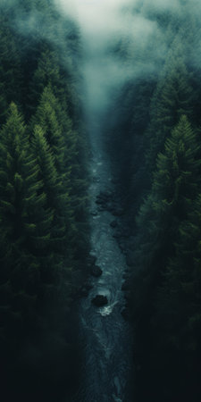 a forest wallpaper featuring a calming and introspective aesthetic. the image showcases a lush forest with vibrant shades of dark green and light aquamarine. captured through webcam photography, the scenery displays a blend of dark turquoise and light brown tones. the mountainous vistas and juxtaposed imagery create a captivating swiss-style composition. ai generatedの素材