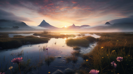 a stunning ultra high-resolution photograph captures the breathtaking beauty of a wetland at sunrise. the mountains are adorned with clouds, and the morning mist creates enchanting godrays. this magical and epic scene is expertly captured using a wide-angle lens on a hasselblad camera. ai generatedの素材