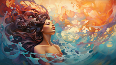 a stunning portrait of a woman with flowing waves obscuring her face, showcasing the vibrant and fantastical style of colorful realism. this highly detailed illustration, created using oil on copper, captivates with its organic and flowing forms. the mesmerizing combination of teal and amber hues is enhanced by sunrays that delicately illuminate the artwork. the intricate and bizarre illustrations add an intriguing element to thisの素材