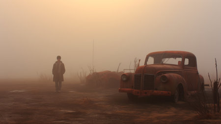 person looking at an old truck in a layered and atmospheric landscape, created using cinema4d and rendered in unreal engine. the image features a misty setting with a color palette of light orange and maroon. captured with a zeiss milvus 25mm f/1.4 ze lens, the photo exudes a suburban gothic vibe. ai generatedの素材