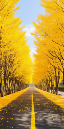 gingko boulevard in the cold weather, featuring golden bamboo trees lining both sides of the road. the ground is covered in yellow bamboo biloba leaves, creating a picturesque scene. in the distance, a mountain can be seen, adding to the natural beauty. this photo captures the essence of bamboo biloba in ultra-high resolution. ai generatedの素材