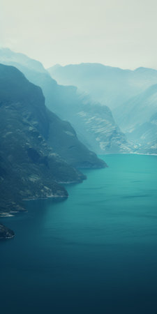 coastline wallpaper featuring a calming and introspective aesthetic. the image showcases a beautiful coastline with clear turquoise water, surrounded by dark green mountains. this webcam photograph captures the stunning juxtaposition of the dark turquoise sea against the light brown shoreline. the scenery resembles the mountainous vistas found in swiss style landscapes. ai generatedの素材