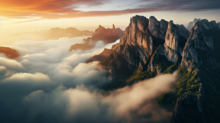 a stunning sunrise view of a majestic cliff, captured in ultra high resolution photography. the mountains are adorned with clouds, creating a mesmerizing scene. the morning mist allows ethereal godrays to shine through, adding to the magical and epic atmosphere. this captivating image was taken with a wide angle lens on a hasselblad camera. ai generatedの素材