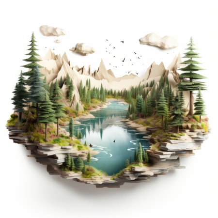 a traditional artwork showcasing a surreal 3d landscape with a mountain view and a river. the artwork features a birds-eye-view perspective and naturalistic depictions of flora and fauna. the background is white, with detailed elements in wood, light cyan, and green. the artwork also includes illustrations of psychological phenomena. ai generatedの素材