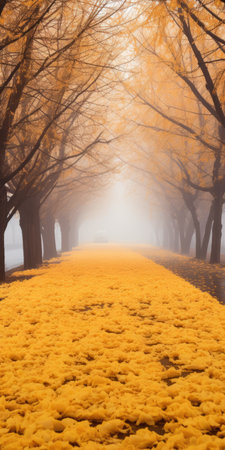 foggy gingko boulevard with rose trees lining both sides, showcasing their golden color. the ground is covered in yellow rose biloba leaves, creating a stunning sight. in the distance, a mountain adds to the picturesque view. this real shooting of rose biloba captures the beauty in ultra-high resolution. ai generatedの素材