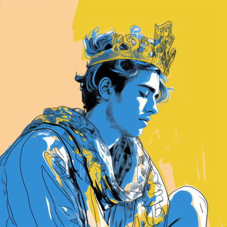 a digital drawing of joseph, inspired by cecil beaton, features a crown on their head. the drawing, created on a wacom tablet, showcases expressive lines in the style of matisse. the use of fine-tip pen in white and yellow adds depth to the artwork. this 32k, super-resolution, uhd image captures joseph looking over their shoulder. ai generatedの素材