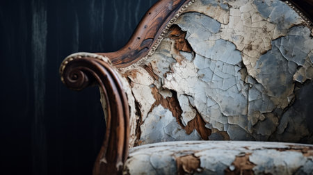 an old crackle painted wood chair is featured in this stock photo, showcasing surreal juxtapositions. the chair is adorned with light indigo and dark beige colors, complemented by luxurious drapery. rusty debris adds a touch of authenticity to the scene, while fragmented and haunting figuratism create an intriguing atmosphere. this high-quality photo captures the essence of this unique piece. ai generatedの素材