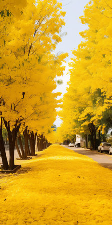 a stormy boulevard lined with gingko and jasmine trees. the golden hue of the jasmine flowers covers the ground, creating a stunning contrast. in the distance, a mountain peak can be seen, adorned with fallen jasmine leaves. this real shot captures the beauty of the jasmine biloba in ultra-high resolution. ai generatedの素材