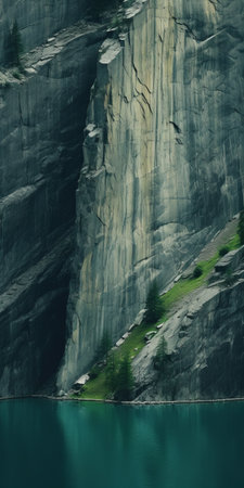 a stunning cliff wallpaper featuring a serene and introspective aesthetic. the image showcases a cliff surrounded by calm water, with a beautiful blend of dark green and light aquamarine hues. captured through webcam photography, the picture exhibits a captivating contrast of dark turquoise and light brown tones. it offers a mesmerizing view of mountainous vistas, creating a unique and visually striking composition in the styleの素材