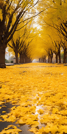 a stormy boulevard lined with gingko and jasmine trees. the golden hues of the jasmine flowers create a vibrant contrast against the yellow ground covered in fallen jasmine biloba leaves. in the distance, a majestic mountain adds to the picturesque scene. this real shot captures the beauty of the jasmine biloba in ultra-high resolution. ai generatedの素材