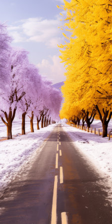 snowy gingko boulevard with lavender trees lining the road, creating a stunning golden color contrast. the ground is covered in yellow lavender biloba leaves, adding to the picturesque scene. in the distance, a mountain can be seen, complementing the beauty of the lavender biloba landscape. this real shooting captures the clarity and ultra-high resolution of the lavender biloba scenery. ai generatedの素材