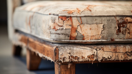 a seat covered in plywood has been transformed with distressed and weathered paper, showcasing a unique blend of light orange and gray hues. the pictorial fabrics add an artistic touch, while the close-up shot highlights the intricate details. inspired by norwegian nature, the combination of light indigo and beige tones creates a captivating visual contrast. ai generatedの素材