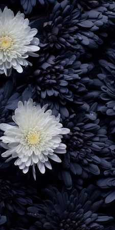 black and white flowers in a dark white and dark indigo style. photo-realistic compositions with vibrant color palettes. uhd image capturing the ephemeral installations. attention to texture of fur and feathers. soft and airy compositions. ai generatedの素材
