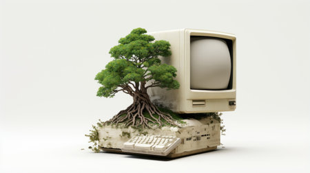 a tree growing on a computer, showcasing japanese-inspired imagery and destroyed gadget sculptures. this artwork combines nostalgic natures with satirical social commentary, creating a serene mood. the open form of the sculpture reflects the artist's focus on environmentalism. ai generatedの素材