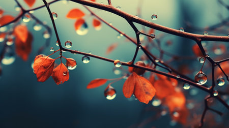 raindrops glisten on leaves in this 1080p wallpaper, featuring twisted branches and poetic still lifes. the dark orange and light aquamarine hues create a captivating contrast against the light sky-blue and dark amber tones. shot with a pentax 645n, the image showcases a monochromatic color scheme enhanced by cross processing techniques. ai generatedの素材