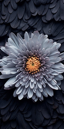 a white blooming flower stands out against a backdrop of black leaves on the ground. this captivating image, created in the style of indigo and bronze, showcases dynamic symmetry and color combinations. captured with a wollensak 127mm f47 ektar lens, the silver and orange tones add a touch of vibrancy to the black and gray composition. ai generatedの素材