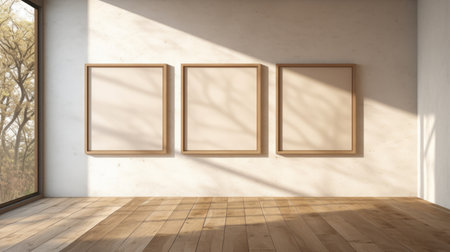 three blank frames, in the style of light bronze and light beige, are neatly arranged outside a window in an empty room. this minimalist still life captures the essence of sunny impressionism and naturalistic renderings. crafted from wood, these frames exude a sense of elegance and sophistication. perfect for advertising art, this 32k uhd photo is a stunning addition to any collection. ai generatedの素材