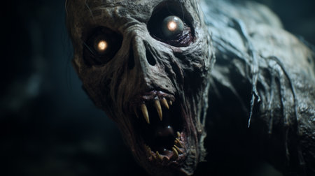 creature with eye and open mouth in a scary scene, featuring natural color grading with gritty, desaturated tones. the wide perspective shot, enhanced by studio lighting, creates a sense of mystery and the unknown. this cinematic visual style, reminiscent of a gritty horror film, is directed by christopher nolan. ai generatedの素材