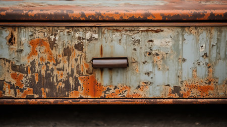 rusty old dresser with a vintage antique painting on the top, featuring metallic textures. captured with a sony fe 12-24mm f/2.8 gm lens, the dresser showcases a combination of dark sky-blue and light orange colors. its boldly textured surfaces and living materials evoke an industrial-inspired aesthetic. this image was taken using a rollei prego 90 camera. ai generatedの素材