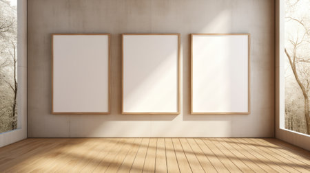 three cardboard boxes with blank frames hang on a wood wall in a room, resembling large canvas paintings. the high-key lighting enhances the minimalist features of the scene. the color palette consists of light orange and light beige, creating a light-filled ambiance. the overall composition exudes an iconic aesthetic. ai generatedの素材