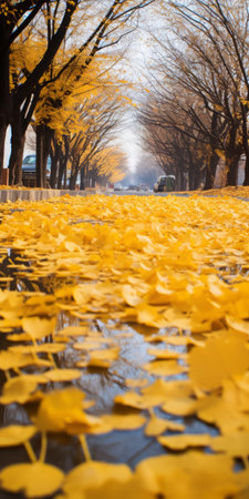 icy gingko boulevard with geranium trees lining the road, showcasing their golden color. the ground is covered in yellow geranium biloba leaves, creating a vibrant carpet. in the distance, a mountain adds to the picturesque scene. this real shooting captures the beauty of geranium biloba in ultra-high resolution. ai generatedの素材