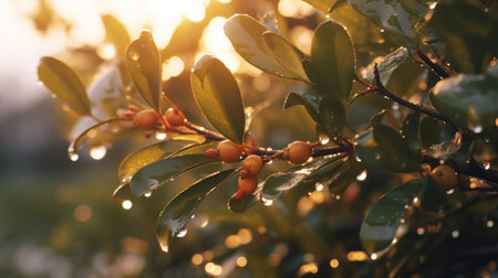 leaves of a tree glisten with raindrops, showcasing a captivating blend of light orange and dark emerald hues. this stunning photograph, captured by michael shainblum in the style of cranberrycore, features selective focus and the gentle touch of sunrays illuminating the scene. inspired by the beauty of mediterranean landscapes, this image evokes a sense of tranquility and natural splendor. ai generatedの素材