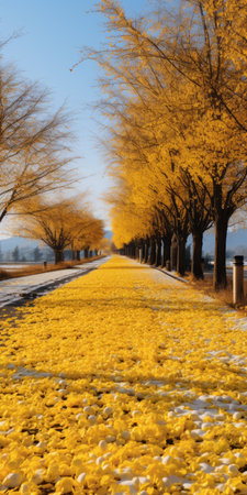 icy gingko boulevard with geranium trees lining the road, showcasing their golden color. the ground is covered in yellow geranium biloba leaves, creating a vibrant carpet. in the distance, a mountain adds to the picturesque scene. this photo captures the beauty of geranium biloba in ultra-high resolution, providing a clear and detailed image. ai generatedの素材