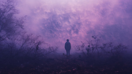 purple and lurgid fog rises from the ground, creating a pensive surrealism in this captivating photo. the apocalyptic landscape is enhanced by the lo-fi aesthetics and melancholic self-portraits. reminiscent of the works of chad knight, the depth of field and multiple filter effects add an intriguing dimension to this mesmerizing image. ai generatedの素材