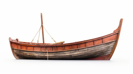 viking ship isolated on white background, in the style of tokina at-x 11-16mm f28 pro dx ii. dark magenta and brown colors enhance its raw vulnerability. childe hassam's influence is evident in the angular simplicity of its engineering construction and design. this unique and one-of-a-kind piece showcases the artistry and craftsmanship of viking ships. ai generatedの素材