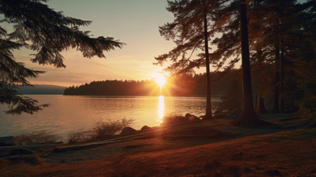 a stunning mountain lake at sunrise, captured with a graflex speed graphic camera. this high-resolution image by win aaltonen showcases the beauty of forestpunk and lively coastal landscapes. the photo features a mesmerizing lens flare and evokes a sense of tranquility and the cozy aesthetic of cabincore. ai generatedの素材