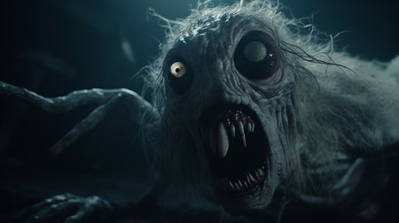creature with eye and open mouth in a scary scene, featuring natural color grading with gritty, desaturated tones. the wide perspective shot, enhanced by studio lighting, adds a sense of mystery and the unknown. this cinematic visual style, reminiscent of a gritty horror film, is directed by christopher nolan. ai generatedの素材