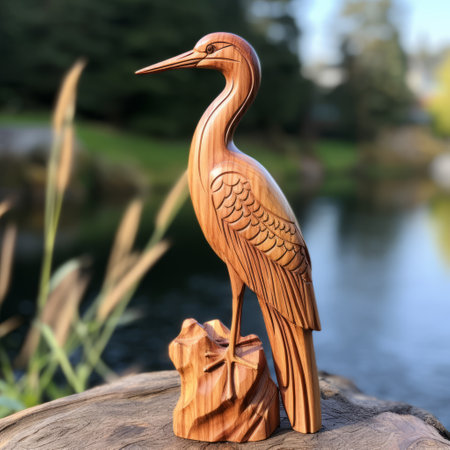 a wood carving of a heron bird sculpture, inspired by the calm waters and crafted using traditional japanese artistic techniques and maori art influences. this intricately detailed piece showcases delicately rendered landscapes and embodies the essence of cottagepunk style. available in 32k uhd resolution, although the image provided is in low resolution. ai generatedの素材
