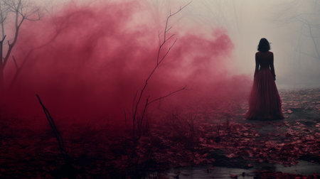 a girl in a red dress walks through a creepy forest, surrounded by a smokey background. the saturated pigment pools create a conceptual installation art vibe, with a mix of dark gray and pink tones. this high-resolution photo on flickr captures the eerie atmosphere in an american tonalist style. ai generatedの素材