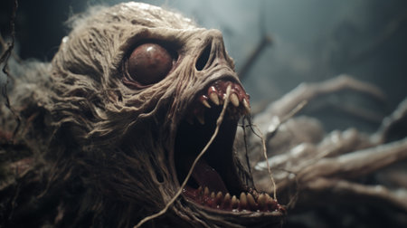 creature with eye and open mouth in a scary scene, featuring natural color grading with gritty, desaturated tones. the wide perspective shot, enhanced by studio lighting, creates a sense of mystery and the unknown. this cinematic visual style, reminiscent of a gritty horror film, is directed by christopher nolan. ai generatedの素材