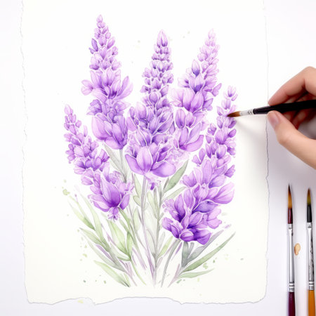 an artist creates a stunning artwork of lavender flowers using colored pencil, incorporating the ink wash style. the piece showcases intricate foliage, a unique paint dripping technique, and contoured shading. inspired by grzegorz domaradzki, the artwork features soft tonal transitions and bold, vibrant watercolors. ai generatedの素材