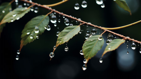 leaves with water droplets on branches, captured in a nature-inspired style. the sparkling water reflections add a touch of beauty to the image taken with a nikon af600 camera. the contrasting colors of dark gray and light emerald create a captivating visual. this photo depicts the beauty of inclement weather with its depiction of water drops, reminiscent of japanese-inspired imagery. ai generatedの素材