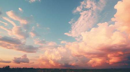 a light pink sky with atmospheric clouds in the middle of the horizon. the sky showcases a blend of turquoise and orange hues, creating a nostalgic and romanticized nature scene. this uhd image captures the beauty of nature with its nature-inspired imagery and lo-fi aesthetics. ai generatedの素材