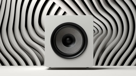 a speaker in a 3d rendering is depicted amidst a digital pattern, resembling striped compositions. the speaker is characterized by white, smooth curves, reflecting elements of brutalism. this artwork serves as a critique of consumer culture, with an exotic and organic sculpting approach. ai generatedの素材