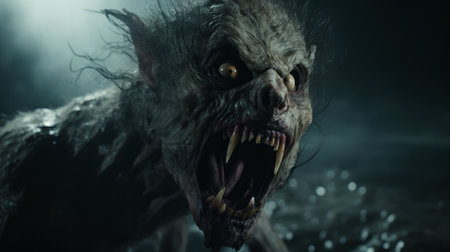 creature with eye and open mouth in a scary scene, featuring natural color grading with gritty, desaturated tones. the wide perspective shot, studio lighting, and cinematic visual style directed by christopher nolan add a sense of mystery and the unknown. ai generatedの素材