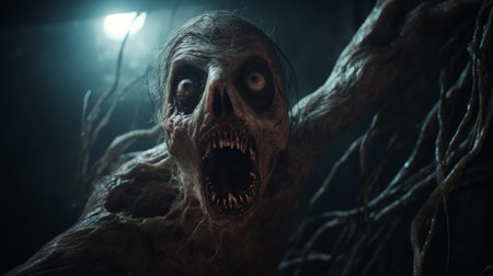 creature with eye and open mouth in a scary scene, featuring natural color grading with gritty, desaturated tones. the wide perspective shot, enhanced by studio lighting, creates a sense of mystery and the unknown. this cinematic visual style, reminiscent of a gritty horror film, is directed by christopher nolan. ai generatedの素材