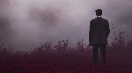 a man stands in a field, surrounded by a foggy background. the image is rendered in a sophisticated surrealism style, with dark pink and maroon tones dominating the absence of color. the dark purple and gray hues add to the atmospheric narrative-driven visual storytelling. captured with the tokina opera 50mm f14 ff lens, this photograph evokes psychological depth in its characters. ai generatedの素材