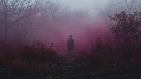 a person walks through a foggy forest, surrounded by a dark pink and gray ambiance. in the distance, a red statue stands tall, adding a striking contrast to the scene. this captivating documentary photo, shot in 8k resolution, showcases the american tonalism style with tenebrism-inspired elements. the emotive fields of color, ranging from dark crimson to pink, create a mesmerizing visual experience. ai generatedの素材
