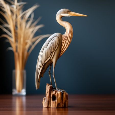 a heron gracefully perches on a wooden stump in this stunning 3d rendering. the artwork showcases the eco-friendly craftsmanship of kinuko y craft, with meticulous attention to detail. the light navy and light amber tones create a captivating atmosphere reminiscent of museum gallery dioramas. the intricate woodwork and shallow depth of field add depth and texture to the composition. ai generatedの素材