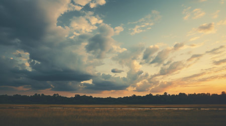 dark clouds fill the sky in this photo, capturing the essence of soft, romantic landscapes. the image is enhanced with retro filters, reminiscent of the southern countryside. inspired by the works of william stanley haseltine, the photo showcases a beautiful blend of light indigo and amber tones. with a touch of vignetting, this national geographic-worthy shot is a true masterpiece. ai generatedの素材
