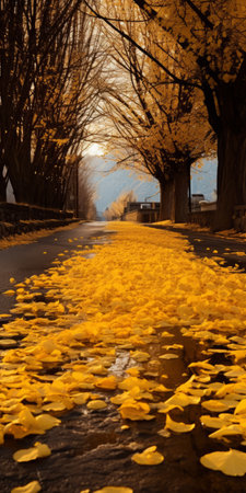 a stunning photo of an icy gingko boulevard adorned with geranium trees on both sides. the golden color of the trees contrasts beautifully with the yellow geranium biloba covering the ground. in the distance, a majestic mountain can be seen, while the ultra-high resolution captures the intricate details of the geranium biloba leaves on the ground. ai generatedの素材
